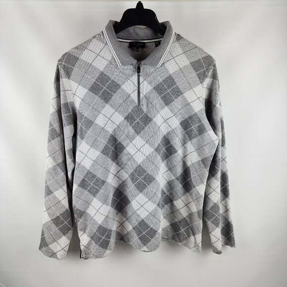 Ted Baker London Sweater Mens Size 5 Argyle 1/4 Zip Grey White - Picture 1 of 8